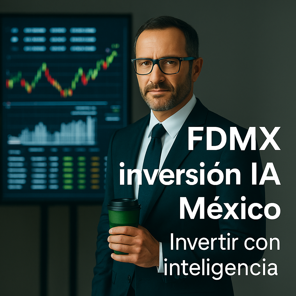 Ejecutivo financiero con fondo de gráficos bursátiles y texto promocional de FDMX inversión IA México, plataforma de inversión regulada con IA.